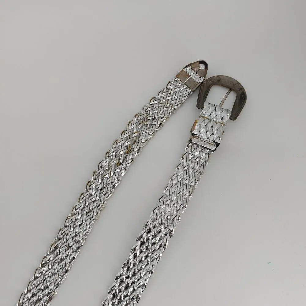 Vintage Womens Small Medium Silver Metallic Braided Belt Disco Festival